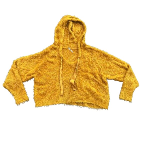 FREE PEOPLE Mustard Yellow Eyelash Fuzzy Cropped Hooded Sweater Size Small - Picture 1 of 11